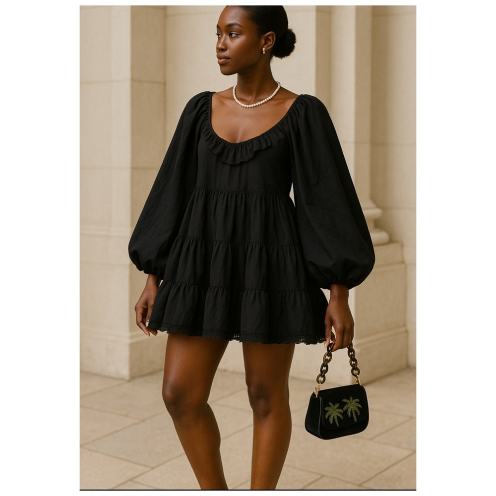CAROLINE CONSTAS Pippa Black Tiered Puff Sleeve Cotton Mini Dress S NWT